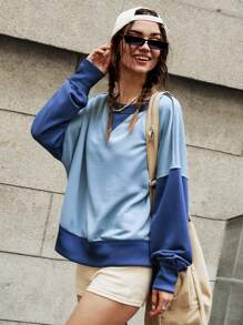Bohemela Women's Colorblock Crew Neck Blue Sweatshirt, Autumn