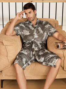 Men's All-Over Print Waist Belt Short Sleeve Bathrobe - Army Green - View 6