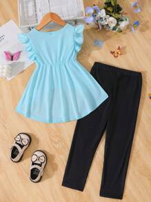 2 piezas Conjunto de 2 piezas con parte superior de manga abullonada con cuello redondo cómoda y pantalones con diseño desgastado de estampado de mariposa para niñas jóvenes