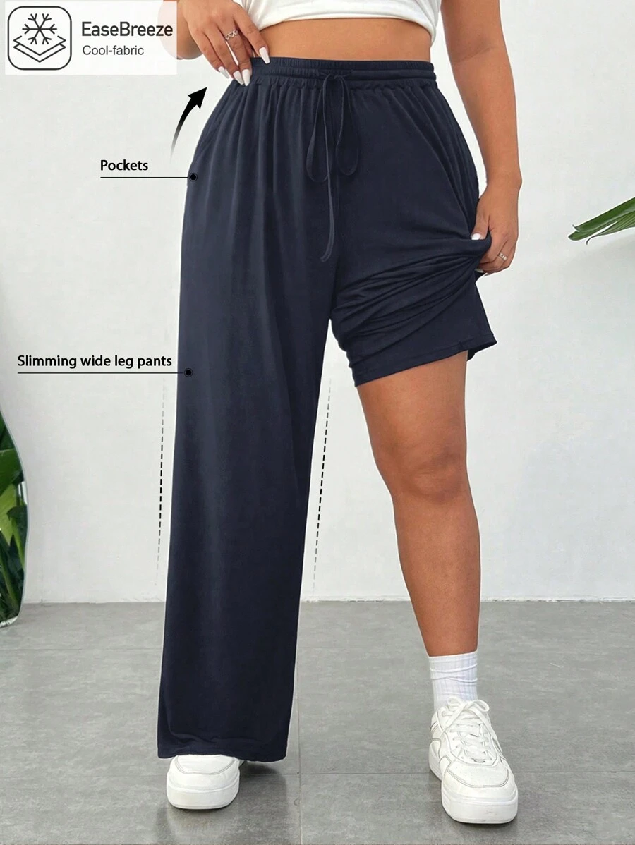 SHEIN EZwear 大码女式轻便透气黑色针织宽松休闲裤，带口袋，腰部抽绳