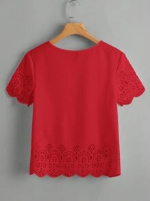 SHEIN Clasi 鏤空貝殼邊素色上衣 - 紅色 - 查看 2