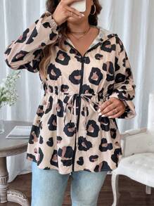 SHEIN LUNE Women's Plus Size Long Sleeve Leopard Print Hooded Casual Jacket With Drawstring Waist For Autumn & Winter Fall - Multicolor - View 7