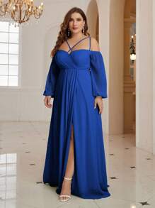 SHEIN Belle Off-Shoulder Long Sleeve Elegant Bridesmaid Dress Plus Size Bridesmaid Dress - Royal Blue - View 7
