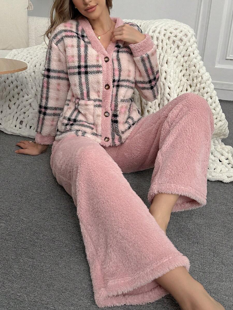 Women's Plaid Printed Long Sleeve Solid Color Straight Pants Fluffy Pajama Set, Fall Winter Clothes