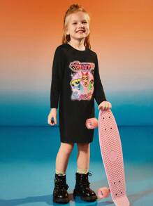 THE POWERPUFF GIRLS X SHEIN Váy dài tay in hoạt hình giản dị cho cô gái trẻ mùa xuân và mùa thu - màu đen - Xem 3