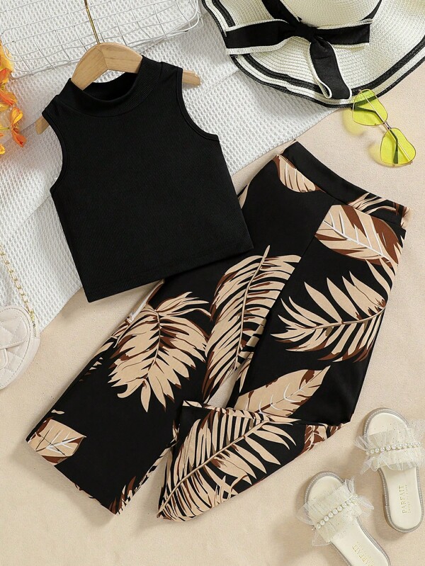 SHEIN 2 pièces Ensemble Top sans manches et pantalon large et ample pour jeune fille en vacances à la plage, été
