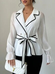 Chiquease Women's Contrast Trim Cinched Waist Blouse Women Shirt,Long Sleeve Tops