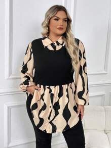 SHEIN CURVE+ Plus Graphic Print Lantern Sleeve 2 In 1 Peplum Top
