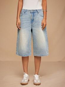 Forever 21 Quần Jeans Ngắn Ống Rộng/Ống Thẳng Cạp Thấp Cổ Điển Cho Nữ Mùa Hè, Thu & Đông Màu Xanh Nhạt Đã Giặt - trắng - Xem 2