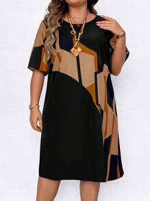 EMERY ROSE Plus Size Women's Color Block Floral Print Round Neck Short Sleeve Casual Dress, For Summer - Yellow - View 3