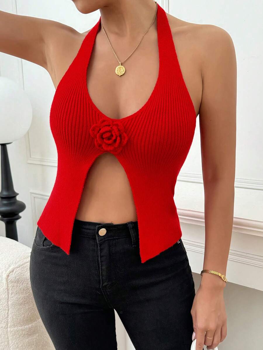 SHEIN Unity 3D Floral Decor Tie Back Knit Halter Neck Casual Top - Red - View 1