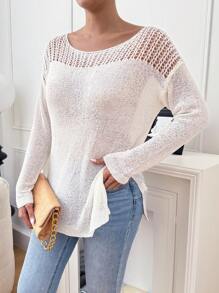 Chiquease Round Neck Long Sleeve Hollow Patchwork Minimalist Sweater For Casual Wear