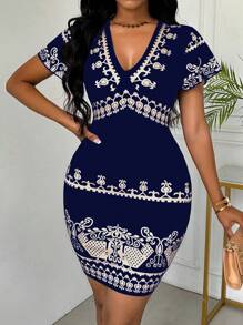 VaVaBold Trang phục thường ngày đi nghỉ in họa tiết cổ điển dành cho nữ - Xanh đậm - Xem 3