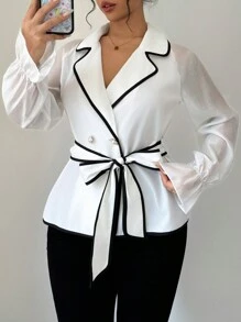 Chiquease Women's Contrast Trim Cinched Waist Blouse Women Shirt,Long Sleeve Tops