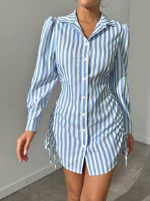 Avenne Women's Spring & Summer Striped Side Drawstring Long Sleeve Shirt Dress Fall Cloth For Women