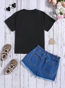 SHEIN Tween Girls Denim Effect Love Leopard Pattern Black T-Shirt Blue Denim Shorts 2 Pieces Set - Multicolor - View 2