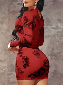 SHEIN SXY 女款龙印花圆领长袖连衣裙 - 紅色 - 查看 2