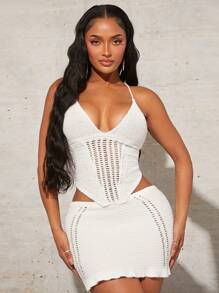 SHEIN SXY Ladies' Knit Spaghetti Strap Top And Skirt Two-Piece Set Holiday Sexy Summer Beach Vacation Boho Women Outfit