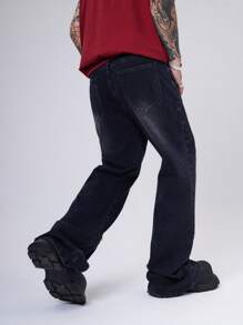 Manfinity Hypemode بنطلون رجالي أسود بأرجل متسعة من الشارع مميز بطبعة Y2K مزود بسحّاب في الحافة - الأسود - مشاهدة 2