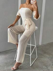 Zolique Damen einfarbiger Jumpsuit mit Schulterausschnitt, Kurzarm, Twist Taille und geradem Bein für den Urlaub - Aprikosenfarben - Übersicht 6