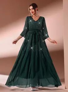 Women's Sparkle V-Neck Sleeveless Long Dress Party Dress Wedding Guest Dress Formal Dress Evening Dress - Green - View 1