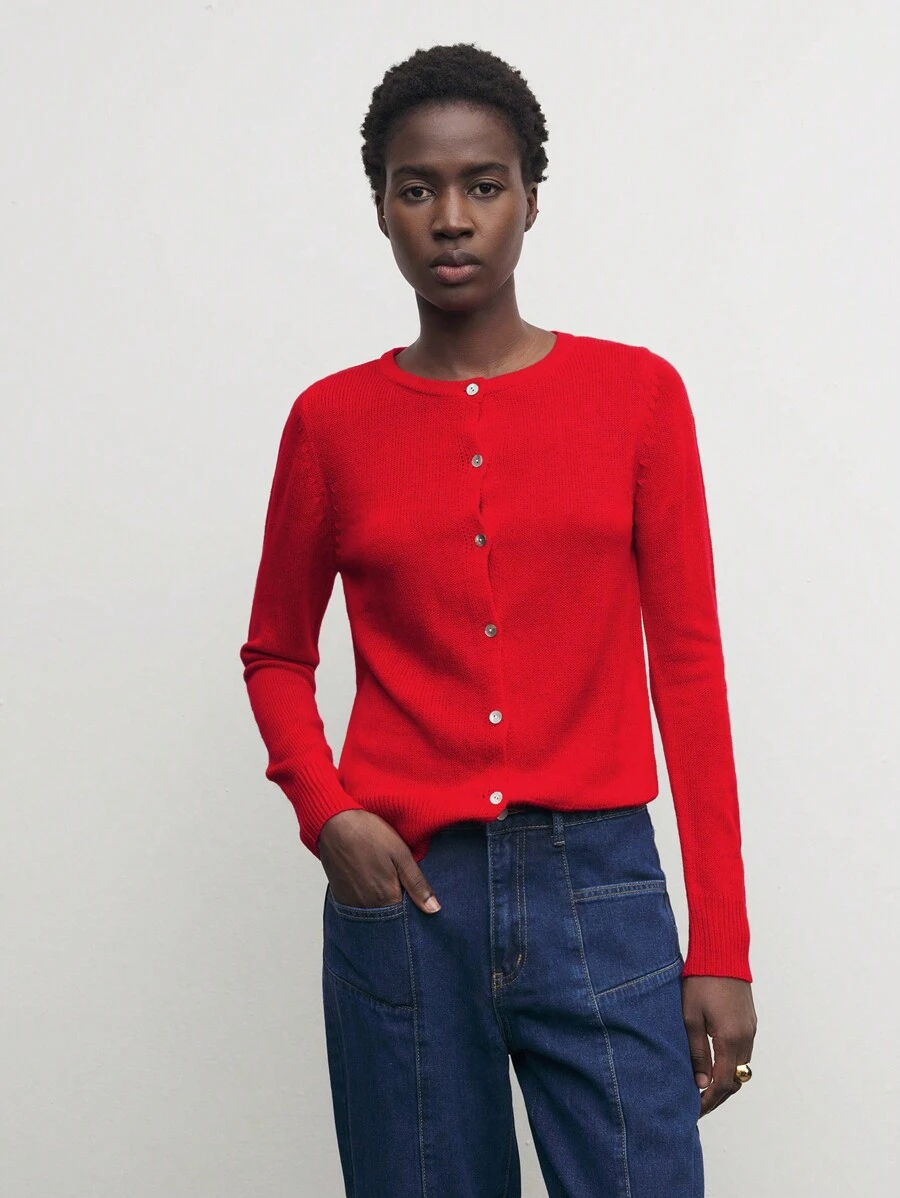BizChic Áo len cardigan dệt kim màu trơn thanh lịch cho nữ, trang phục mùa thu đỏ cổ điển cho nữ Áo len đỏ Áo len dài tay màu đỏ - Đỏ - Xem 1