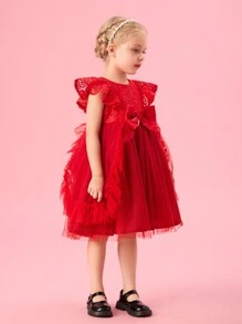 SHEIN Girls' Elegant Versailles Red Rose Tutu Dress For Birthday Party, Holiday, Flower Girl - Burgundy - View 4