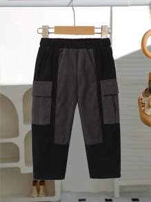 Infant Boys' Casual Patchwork Colorblock Ribbed Cargo Pants, Fall/Winter - Black - View 2