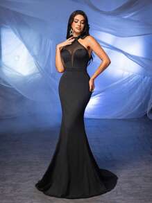 Glamrae Elegant Black Hanging Neck Mesh See-Through Splicing V-Neck High Waist Waist Section Skinny Back Banner Backless Slim Fishtail Drag Tail Dating Bachelorette Party Vacation Back-To-School Season Wedding Event Heavy Duty Evening Gowns Formal Prom Wedding Guest Dress, For Graduation, Dinner - Black - View 5