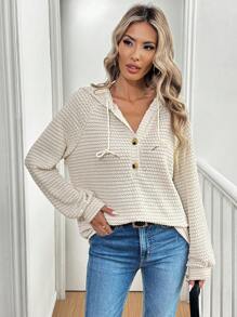 SHEIN LUNE Áo hoodie dây rút nửa nút dành cho nữ - Màu be - Xem 5