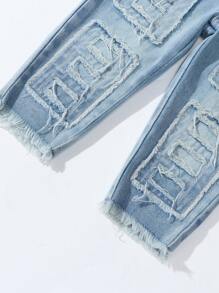 Baby Boys Streetwear Cool Ripped Washed Light Blue Denim Overalls With Multiple Pockets - Light Wash - View 4