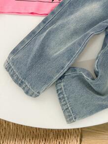 Baby Girl Round Neck Scenery City Printed Long Sleeve T-Shirt And Solid Color Jeans Casual Outfit Set