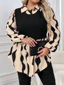 SHEIN CURVE+ Plus Graphic Print Lantern Sleeve 2 In 1 Peplum Top