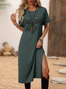 SHEIN LUNE Women's Letter Printed Round Neck Split Hem Short Sleeve Summer Dress - Dark Green - View 1