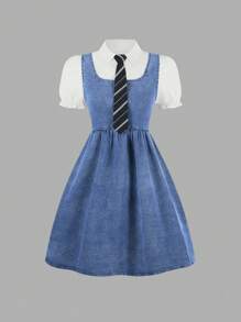 Set de 3 piezas: Blusa de manga corta blanca, vestido de peto vaquero con cremallera en la sombra, corbata a rayas diagonales; conjunto de moda esencial de regreso a la escuela con estilo callejero vintage dulce para adolescentes