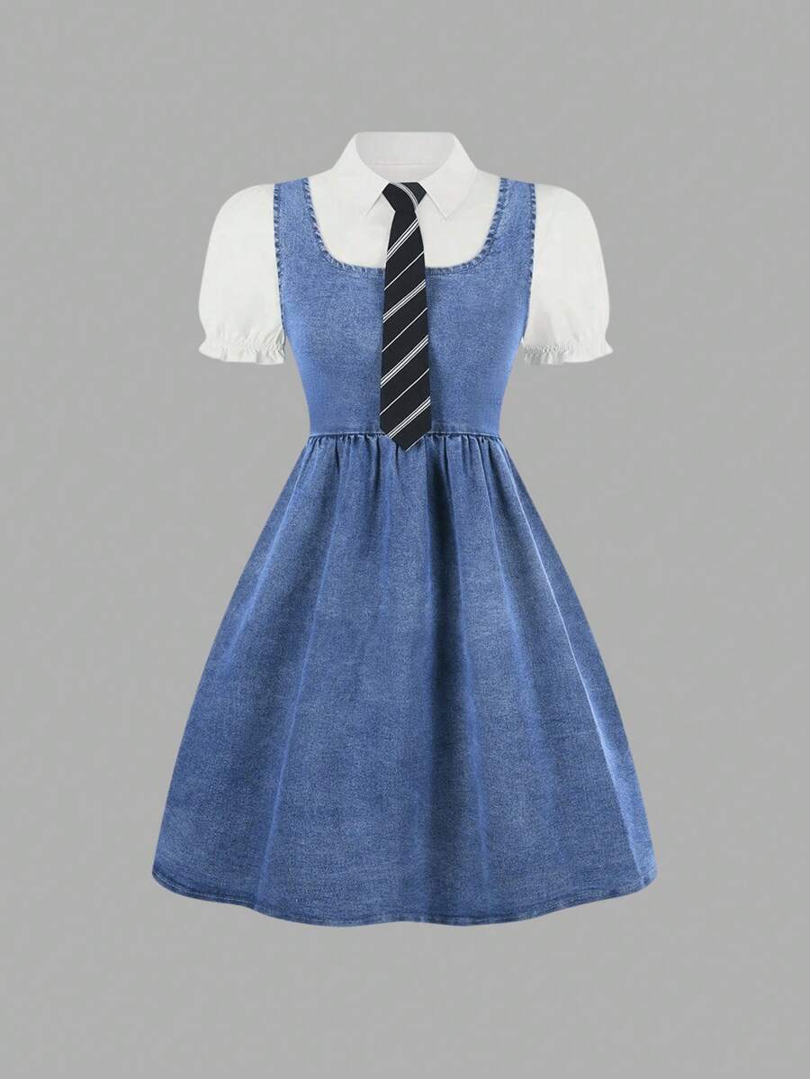 Set de 3 piezas: Blusa de manga corta blanca, vestido de peto vaquero con cremallera en la sombra, corbata a rayas diagonales; conjunto de moda esencial de regreso a la escuela con estilo callejero vintage dulce para adolescentes