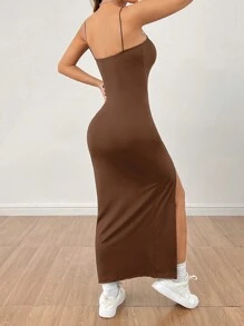 SHEIN PETITE 女式纯色高开叉吊带黑色长裙 - 棕色 - 查看 2