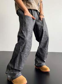 Manfinity Roghcode Men's Dark Streetwear Elastic Denim Effect Camouflage Printed Texture PU Leather, With Metal Buckle Decoration At The Hem, Multiple-Pocket Loose Fit Cargo Pants ,Streetwear ,Y2k Pants ,Baggy Pants - Dark Grey - View 5