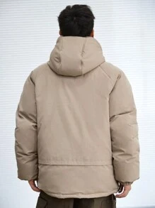 DAZY Men's Zip-Up Hooded Padded Coat With Letter Print, Winter Jacket - Khaki - View 2