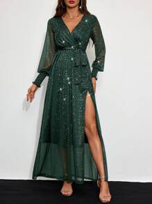 Allurite Đầm dự tiệc trang trọng tay dài xẻ cao họa tiết kim loại cổ chữ V thanh lịch cho nữ - Màu xanh lá cây đậm - Xem 3