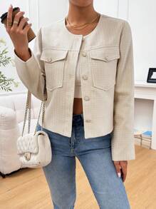 Chiquease Chaqueta con botones delanteros y bolsillos de unicolor, de manga larga, para uso casual diario - Albaricoque - Ver 5