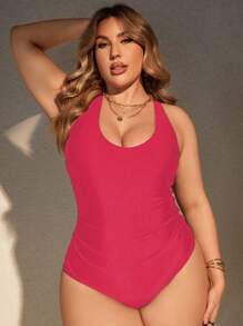 SHEIN Swim Curve Plus Size Solid Color Back Cross Cutout One-Piece Swimsuit, Casual Resort Wear Summer - Hot Pink - View 6