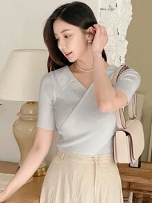 DAZY 女式 V 领修身罗纹针织毛衣秋季 - 綠色 - 查看 6