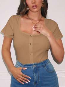 Auralis Plus Size Cổ tròn trơn đơn ngực ngắn tay áo thun đơn giản thông thường - Lạc đà - Xem 6