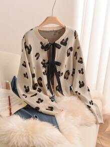 SHEIN Frenchy Plus-Size Women's Woolen Cardigan Jacket, Leopard Print Sweater Cardigan, Bow Strap Top,Cardigan Sweater Old Money Halloween Sweater,Long Sleeve Women Tops Women Jackets Winter Tops Fall Sweaters Fall Clothes Leopard, Knitted Shirt Long Sleeves Woman Fall Women Outfits Women Sweaters Fall Women Sweaters