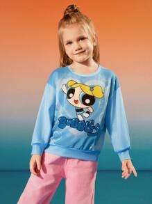 THE POWERPUFF GIRLS X SHEIN 年轻女孩卡通心形 & 渐变印花可爱运动衫