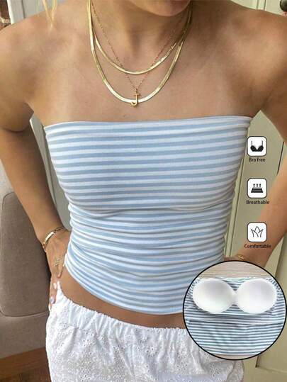 SHEIN Unity 女士露肩露背条纹褶饰时尚衬衫