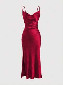 Sweetra Solid Color Simple Style Women's Daily Wear Cami Dress Burgundy Maxi Satin Women Outfit - Burgundy - View 1