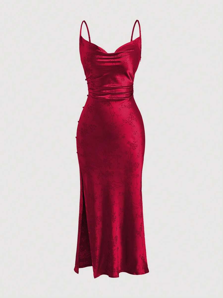 Sweetra Solid Color Simple Style Women's Daily Wear Cami Dress Burgundy Maxi Satin Women Outfit - Burgundy - View 1