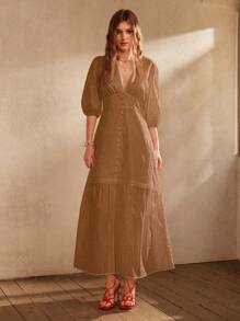 Anewsta Gaun Maxi Wanita Elegan Panjang Hingga Lantai dengan Leher V dan Hem Berumbai - Coffee Brown - View 6